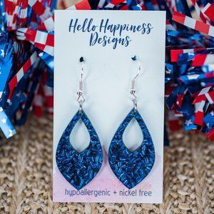 Handmade Blue sparkle confetti earrings teardrop shape